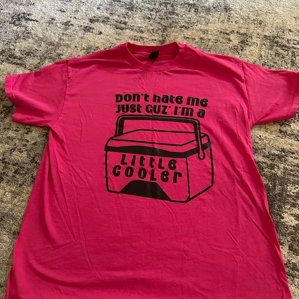 Gildan Hot Pink Short Sleeve Tee with Black 'Little Cooler' Graphic